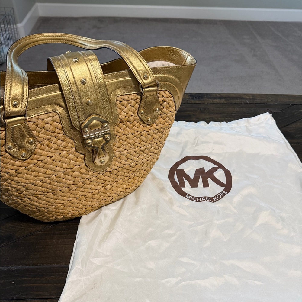 Michael Kors Natural Straw Tote with Gold Leather Trim